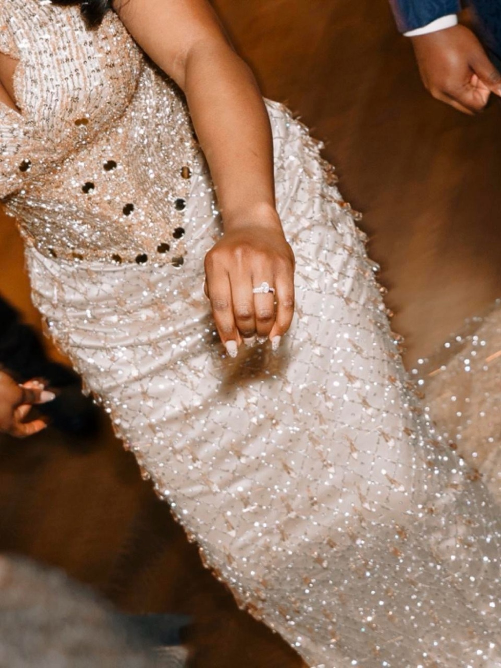 Elegant Beaded Evening Gown in Champagne
